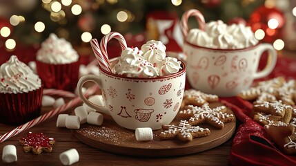 Fototapeta premium Two mugs of hot chocolate with marshmallows and candy canes on a table with a Christmas tree in the background