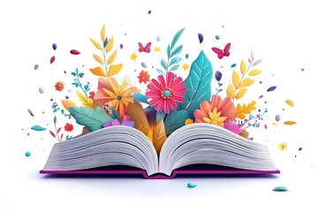 Dried pressed various leaves and flowers placed on the pages of an open old book lying on a white background
