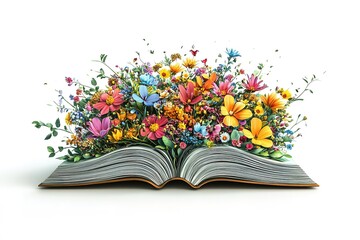 Dried pressed various leaves and flowers placed on the pages of an open old book lying on a white background
