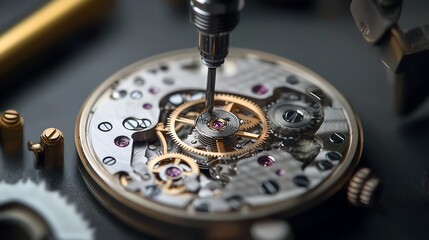 A close up of a watchmaker using a screwdriver to work on a watch mechanism.