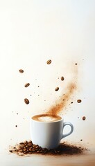 Coffee cup with beans and powder on white background, dynamic coffee splash