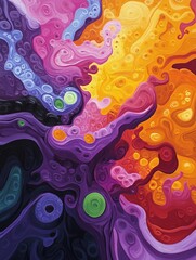 Colorful abstract painting with swirling patterns and vibrant hues.