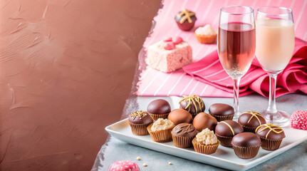 A stylish dessert setting with chocolates and wine glasses on a pastel table, radiating a sweet and elegant vibe.