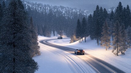 A vehicle maneuvers through a winter landscape, its headlights casting a warm glow on the snow-covered path while snowflakes gently fall in the serene night