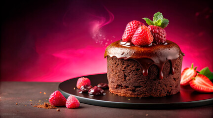 A chocolate cake topped with fresh strawberries and raspberries, set against a vibrant red background.