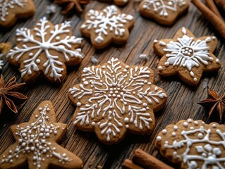 Plate of Christmas gingerbread cookies decorated with snowmen and snowflakes, AI generated