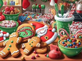 Fototapeta premium Playful gingerbread men cookies standing on snowy surface, AI generated