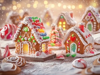 Naklejka premium Whimsical gingerbread houses decorated with candy and icing, AI generated