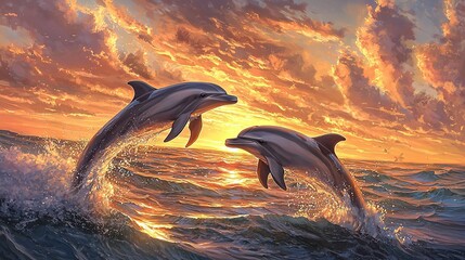 Fototapeta premium Dolphins jumping in front of orange-blue sky, sun setting behind them