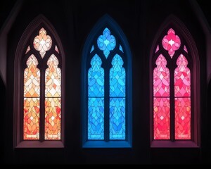 Colorful stained glass windows in a dark architectural setting.