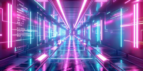 Fototapeta premium Futuristic corridor with neon lights and digital elements.