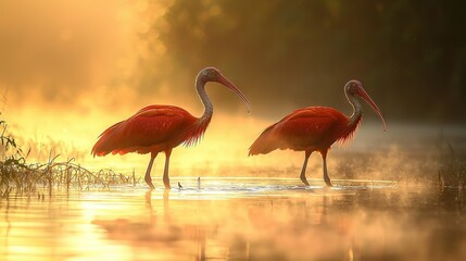 Obraz premium Two flamingos stand in a body of water with their beaks tucked into their mouths as the sun sets