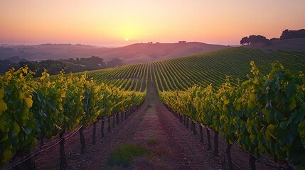 Naklejka premium The sun is setting over a vineyard in the foreground, with trees in the distance on a hill