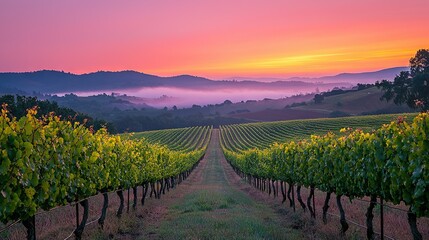 Fototapeta premium Sun dips below distant mountain peaks; Fog cloaks valley foreground