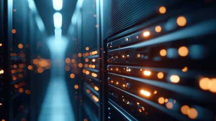 A view down a data center corridor featuring illuminated server racks with orange lights indicating active network connections, showcasing the modern data infrastructure.