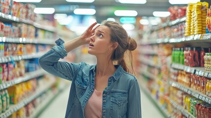 A shopper feeling overwhelmed in a crowded store, trying to decide between different products