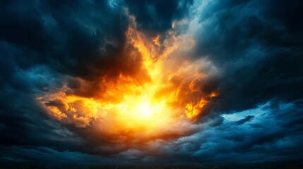 Fototapeta premium Dramatic sunset behind dark storm clouds with bright orange illumination.