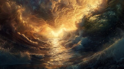 Realistic depiction of moses parting the red sea with dramatic water separation and mystical light.