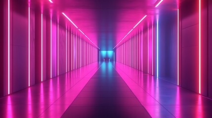 A futuristic hallway with glowing pink and blue neon lights.