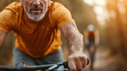 A close-up of a cyclist in an orange shirt riding a mountain bike on a forest path, with warm sunlight streaming through the trees, highlighting the effort.