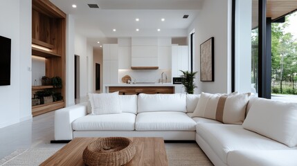 A luxurious living room featuring white furniture and an open kitchen, designed with clean lines and modern aesthetics, offering a bright and elegant space for relaxation and entertainment.