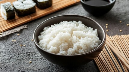 A bowl of steaming sushi rice next to a sushi rolling mat, chopsticks, and soy sauce, ready for assembling homemade sushi rolls.