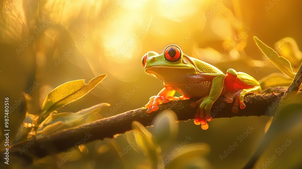 Sticker   Red-eyed frog perched on leafy branch under sunny sky