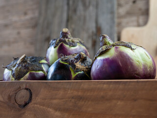 berenjena redonda o berenjena de florencia. Melanzana di firenze sobre fondo r&uacute;stico