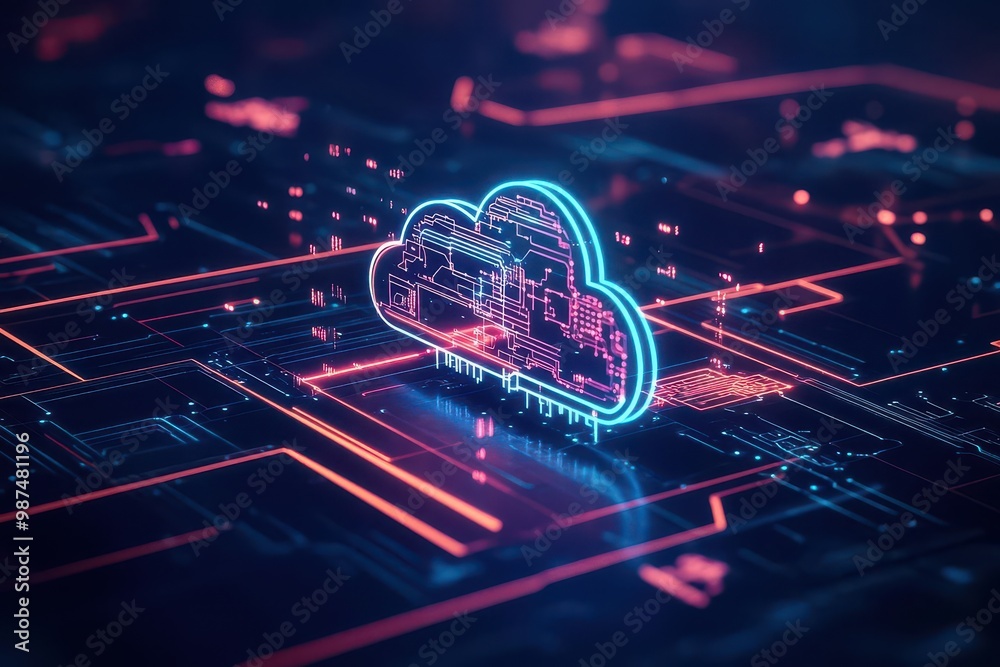 Poster Cloud services being accessed from various countries, visualized as data streams in neoncolored circuits, Techillustration, 3D rendering