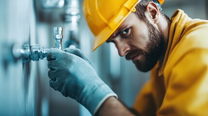 An engineer is depicted making precise adjustments to industrial pipes, showcasing the technical skills and careful work required in a plumbing and industrial maintenance setting.