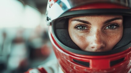 A determined race car driver in a red helmet stares ahead with intensity, embodying speed, focus,...