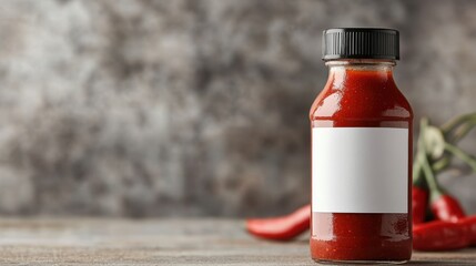 A small bottle of red sauce with a blank white label, placed on a textured surface with fresh chili peppers in the background, creating a rustic scene.