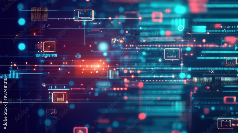 Poster computer servers, interconnected network nodes, flat design illustration