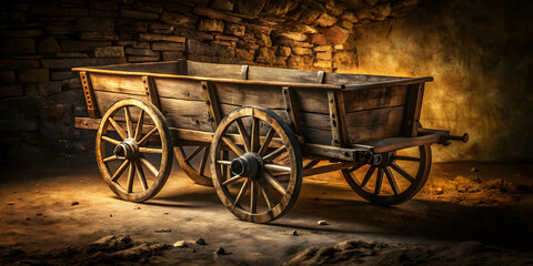 Obraz premium old cart.An antique wooden cart wagon with iron wheels is illuminated by soft, dim lighting, casting dramatic shadows on a textured dark background. The wagon appears weathered, with intricate wood ca