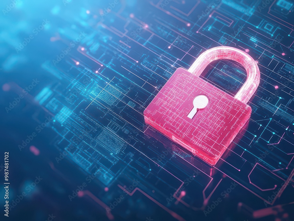 Poster Digital padlock, floating in cyber matrix, futuristic security system, abstract tech background