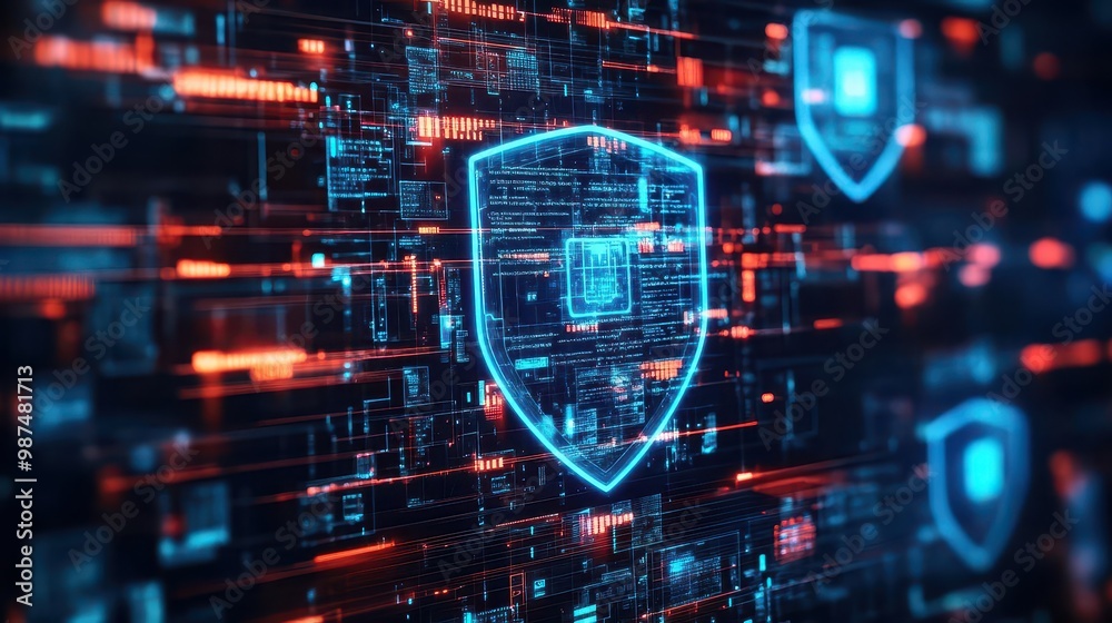 Poster digital privacy protection, floating hologram shields, dark tech environment, advanced security visu