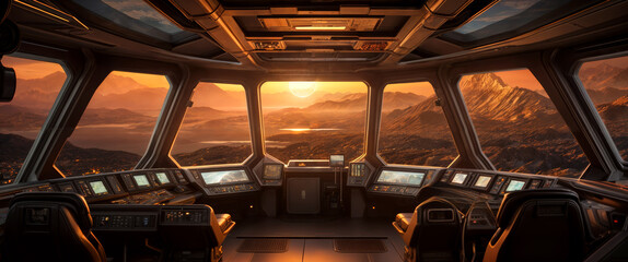 Futuristic wide empty cockpit of a sci-fi spaceship with large windows and an orange mountains landscape and lighting like Mars planet