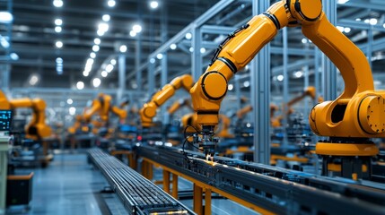 A smart factory floor with automated robotic arms assembling products, highlighting the future of manufacturing