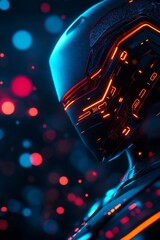 Futuristic robot with neon accents against a vibrant, abstract background.