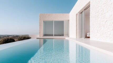 Infinity edge pool beside a modern stone house with large wall-to-ceiling glass windows, basking in the calm and serene morning light, reflecting a tranquil atmosphere.