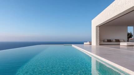 Obraz premium Expansive infinity pool with a breathtaking ocean view, adjacent to an open lounge with modern architecture, perfect for luxurious relaxation and enjoying panoramic sea vistas.