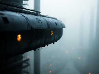 Futuristic transport pod illuminated in foggy urban environment.