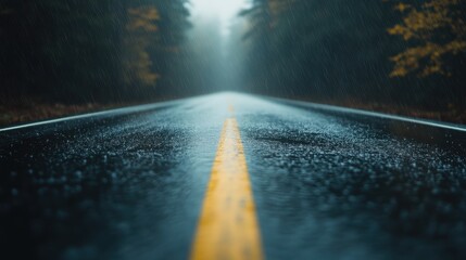 An atmospheric shot of a lonely wet road stretching into the distance, surrounded by a misty forest and highlighted by the eerie ambiance of a rainy day, evoking solitude and reflection.