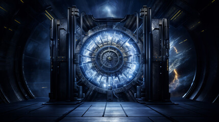 Square strcuture with Circular Blue Glowing Sci-fi large Door in center of a futuristic room of an unknown alien temple with a dark background