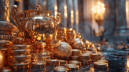 Golden Trophy and Coins in Luxurious Interior