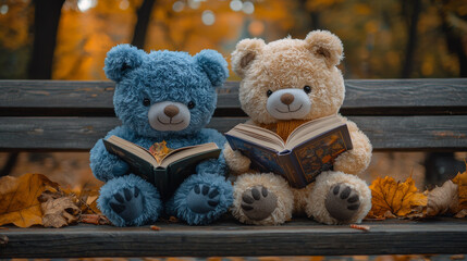 Obraz premium Two teddy bears sit on a bench reading books in the fall.