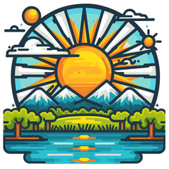 Obraz premium A sun rises over a mountain range with a body of water in the foreground. The mountains are covered in trees and the water is calm. The scene is peaceful and serene