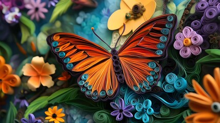 A colorful butterfly made of paper quilling, flying over vibrant flowers in an enchanted garden with soft lighting and a dreamy atmosphere