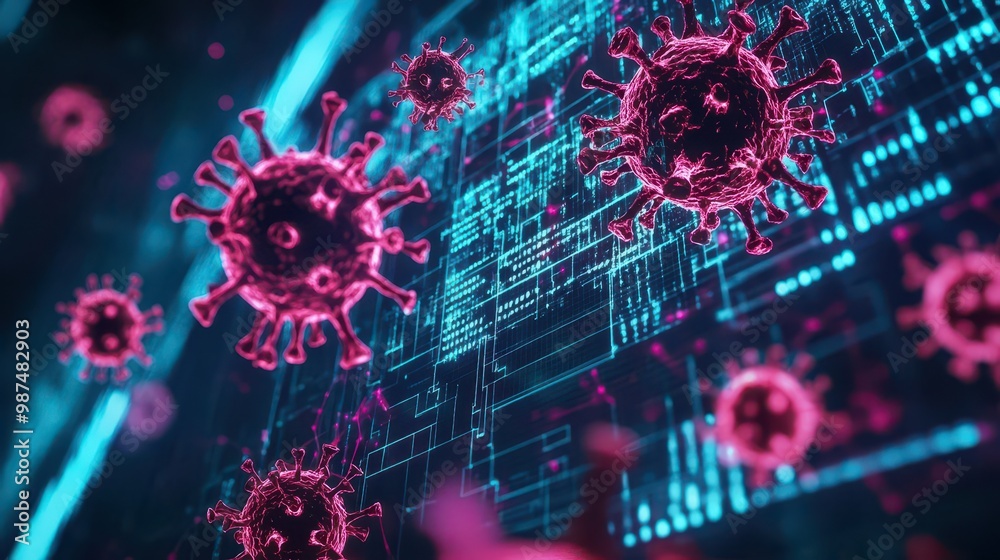 Poster holographic virus detection, glitchy neon environment, data streams, advanced security alert