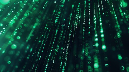 Futuristic abstract digital background with cascading green binary code on dark canvas
